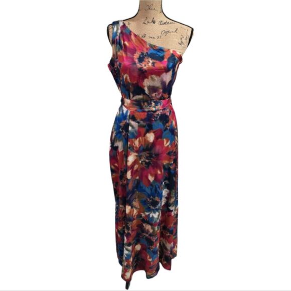 Nicole MILLER Watercolor Floral Grecian One-Shoulder Maxi Dress Size 4 Small New - Picture 1 of 9